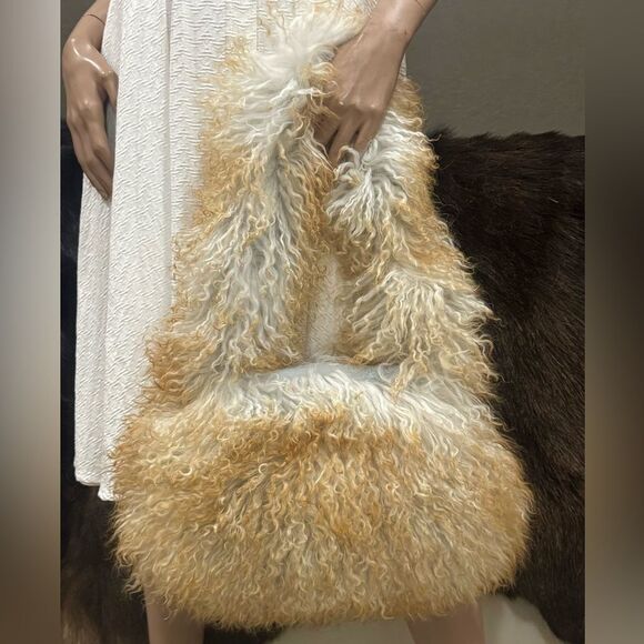 2 Tone Real Mongolian Lamb Fur Handmade Shoulder Bag, Real Shearling Crossbody - Picture 1 of 16